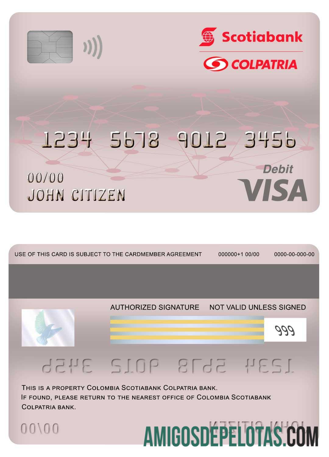 Cartão de débito Visa do Banco Scotiabank Colpatria da Colômbia amostra